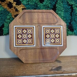 Vintage MCM Japan Wooden Serving Tray Inlaid Tile Geometric Midcentury Modern